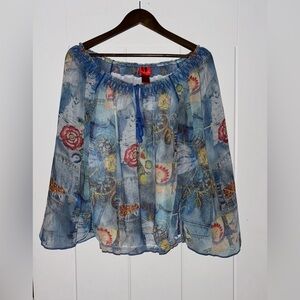 V-Cristina Vtg Floral Ethereal Denim‎ Blouse Boho Indie Bell Sleeve Women L